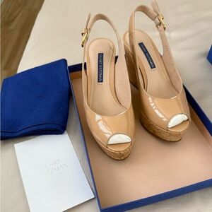 Stuart Weitzman Size 5 Jean Adobe Aniline Peep-Toe Cork Wedges in Nude Patent